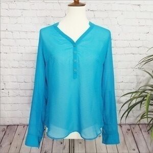 Ana Blue sheer half button long sleeve top
